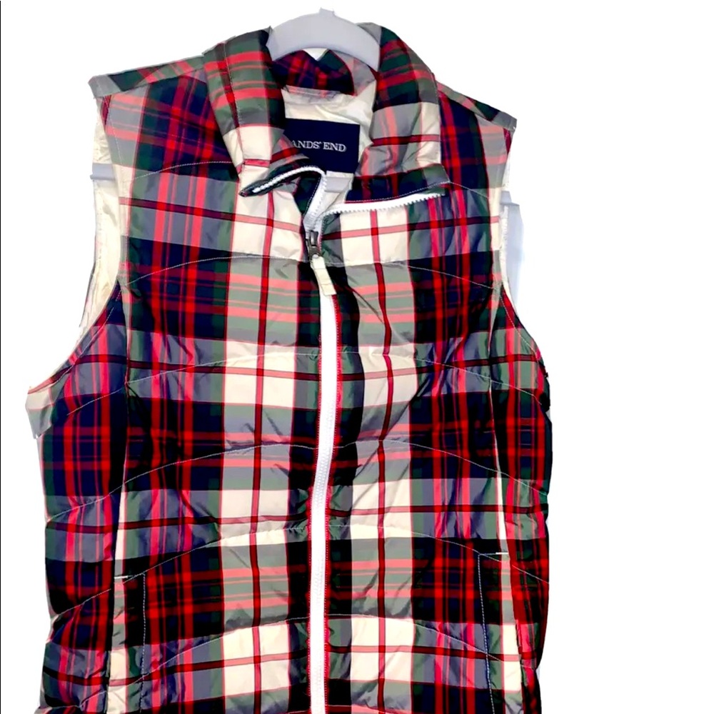 Land's End Women's Small Plaid Womens Puffer Vest Down White Red